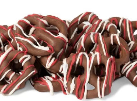 Pretzels: Large Milk Chocolate Covered Pretzels in Valentine's Day Colors